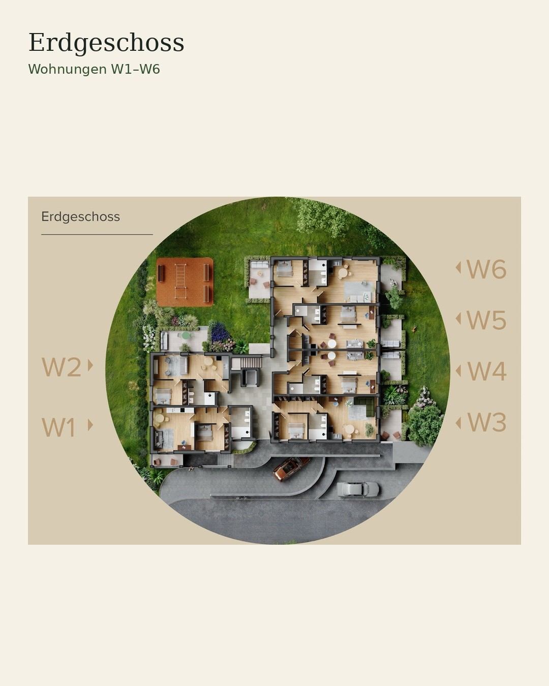 Grundriss Erdgeschoss, Wohnungen W1 bis W6