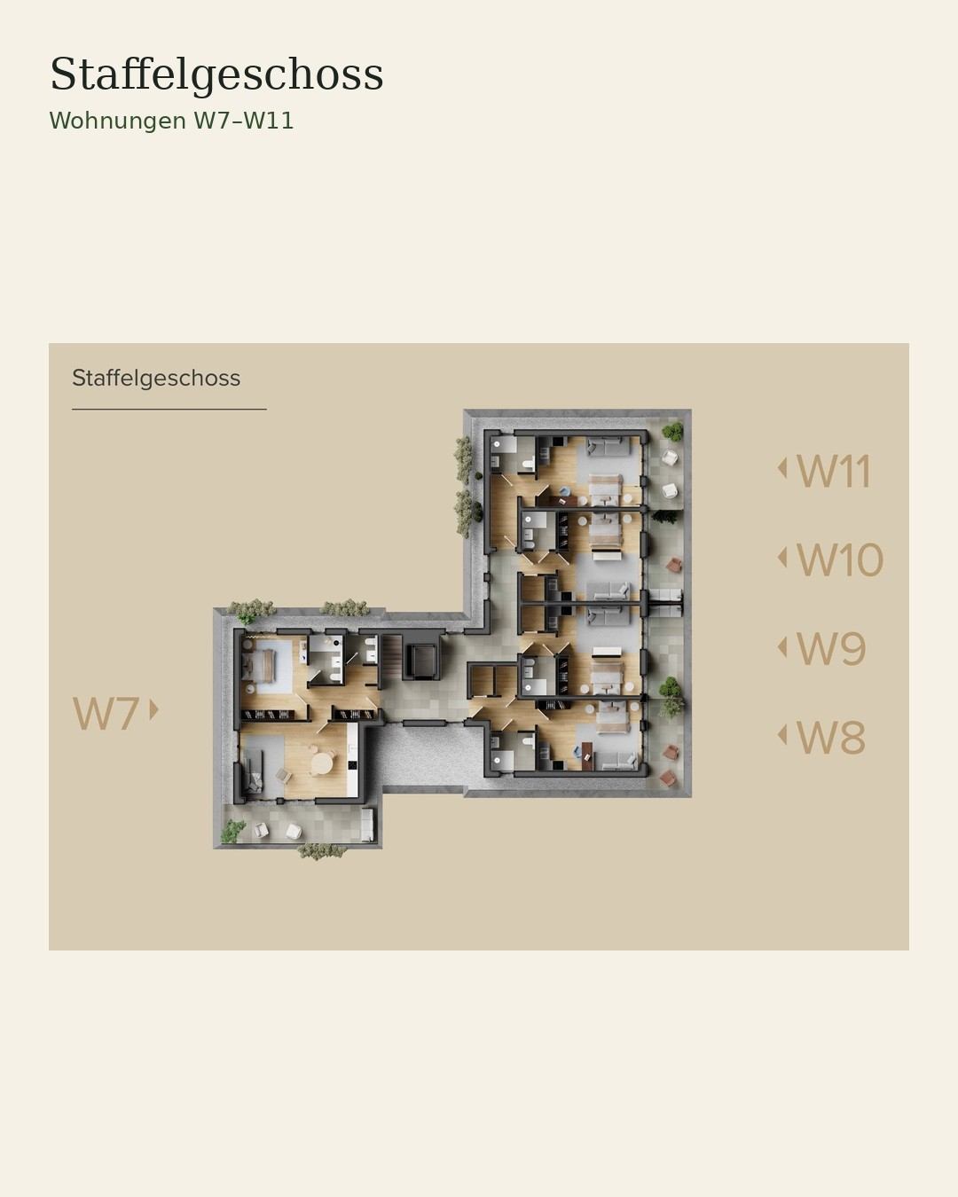 Grundriss Staffelgeschoss, Wohnungen W7 bis W11